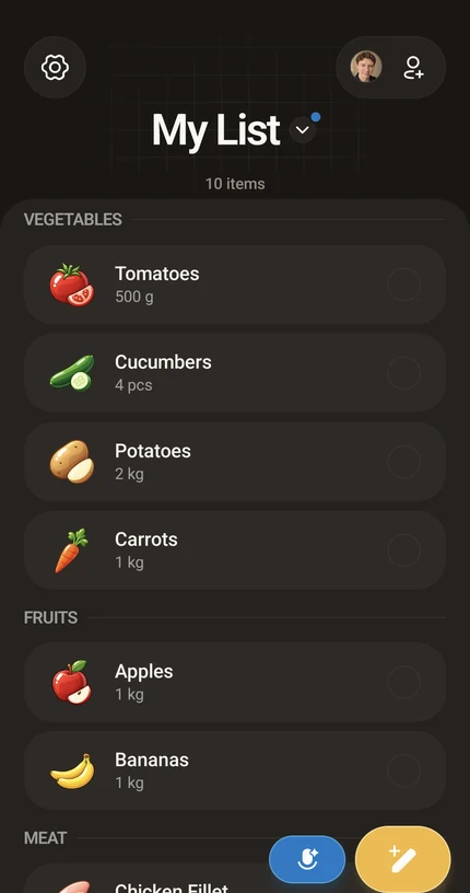 Actual Listella shopping list in dark mode