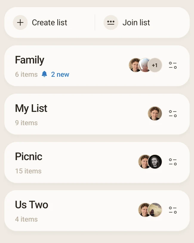 Actual Listella list switcher with Family, My List, Picnic and Us Two