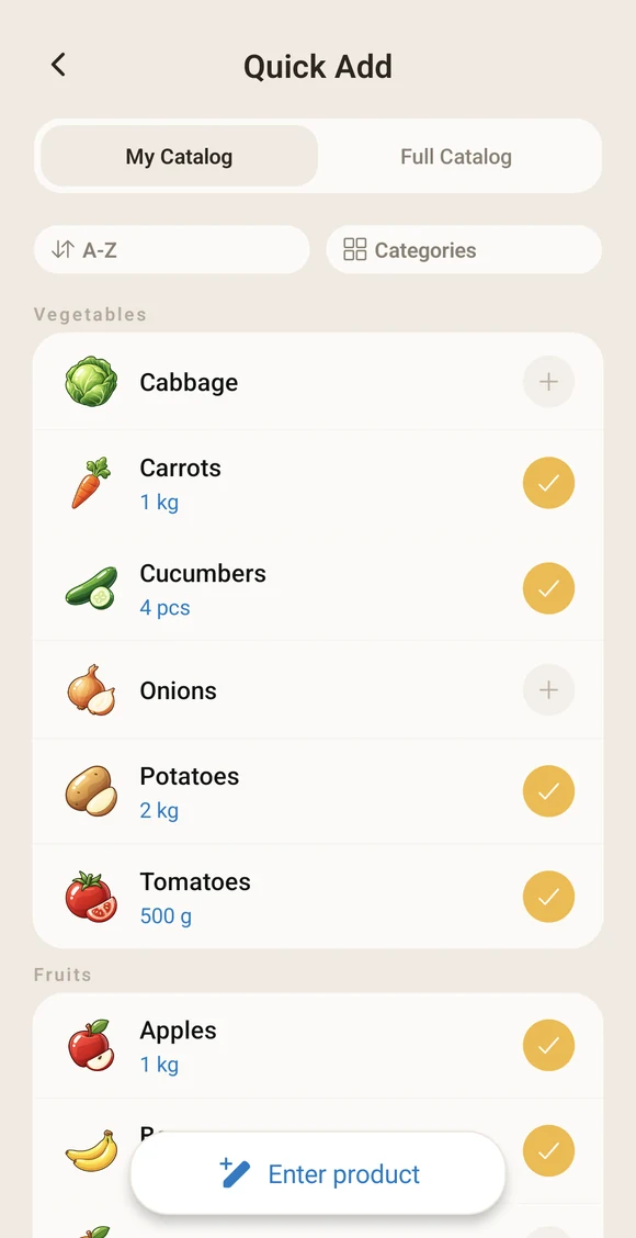 Actual Listella My Catalog with frequently used groceries