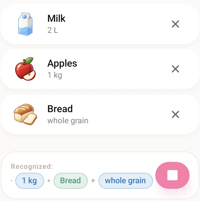 Actual Listella voice-add result with milk, apples and bread